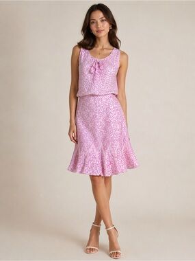 ESCADA 100% silk pink wave printed flounce hem knee length skirt set ruffles 36